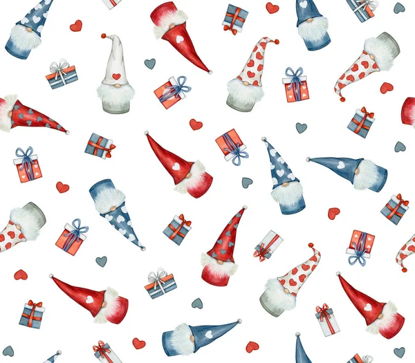 Cute Gnomes Cartoons Gifts Seamless Pattern Isolated White Watercolor Illustration — Stock Photo, Image