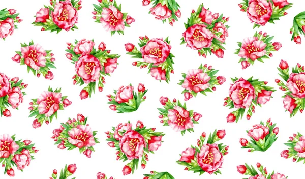 Bezešvé Květinové Pozadí Červené Květy Zelené Listy Izolované Bílém Akvarel — Stock fotografie