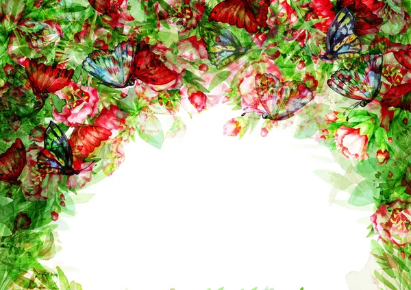 Abstract Floral Background Red Flowers Green Leaves Butterflies Watercolor Hand — Stock Photo, Image