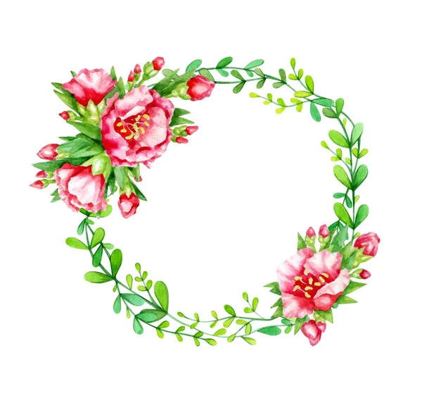 Red Flowers Green Leaves Abstract Circle Frame Isolated White Watercolor — Stock Photo, Image