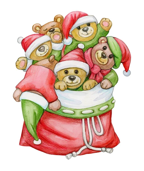 Christmas Bag Full Cute Teddy Bears Isolated White Watercolor Illustration — Stock Photo, Image
