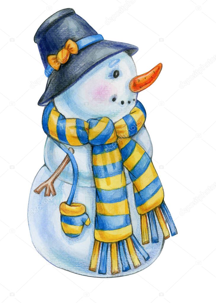 Cute snowman cartoon, isolated on white. Watercolor illustration.