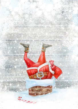 Santa stucked in chimney. Watercolor illustration. Merry Christmas greeting card. clipart