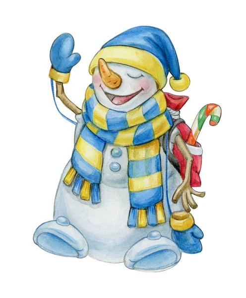 Cute Snowmen Cartoons Isolated White Watercolor Illustration — ストック写真