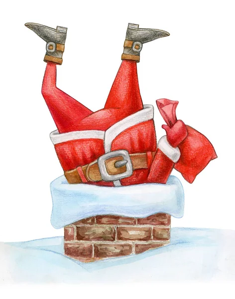 Santa Stucked Chimney Isolated White Watercolor Illustration — Φωτογραφία Αρχείου