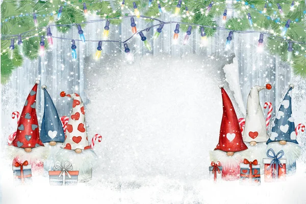 Christmas Gnomes Cartoons Greeting Card Winter Holidays Merry Christmas Greeting — Stock Photo, Image