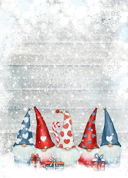 Natal Gnomos Desenhos Animados Cartão Saudação Para Férias Inverno Feliz — Fotografia de Stock