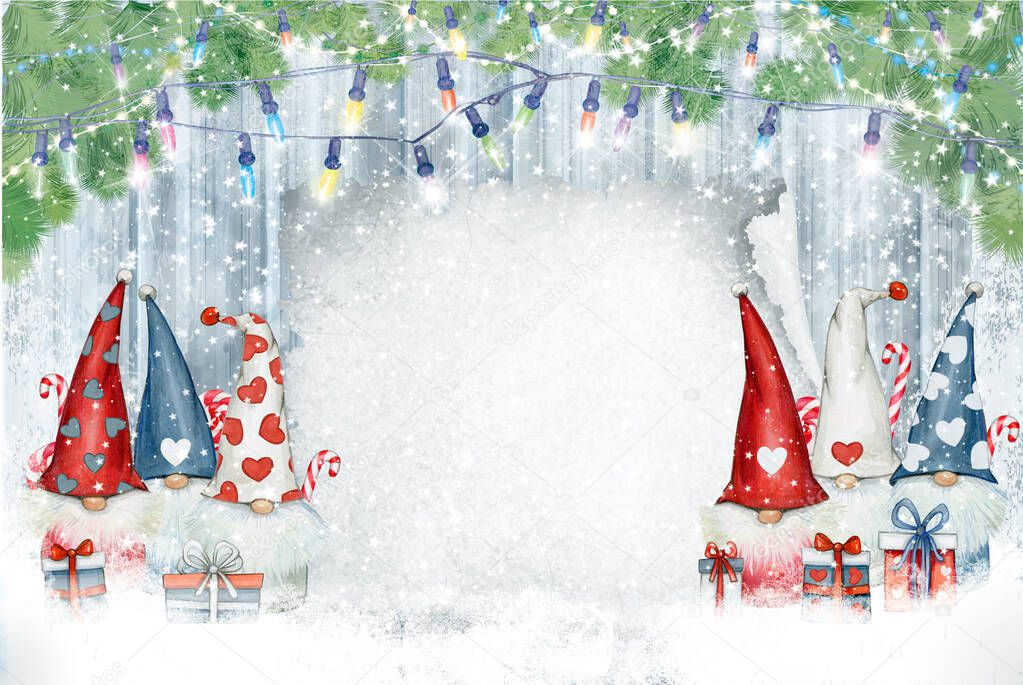 Christmas  gnomes cartoons, greeting card for winter holidays. Merry Christmas greeting card.  