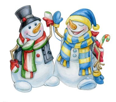 Cute snowmen cartoons, isolated on white. Watercolor illustration.