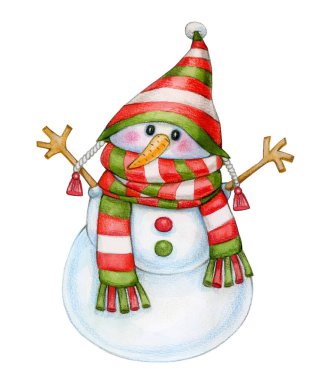 Cute snowman cartoon, isolated on white. Watercolor illustration.