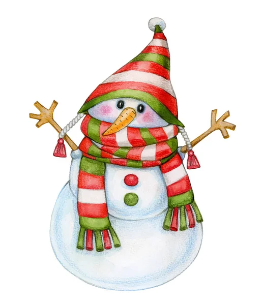 Cute Snowman Cartoon Isolated White Watercolor Illustration — Stock Photo, Image