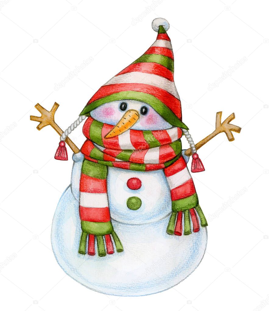 Cute snowman cartoon, isolated on white. Watercolor illustration.