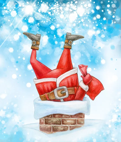 Weihnachtsmann Steckt Schornstein Fest Aquarell Illustration Frohe Weihnachten Grußkarte — Stockfoto