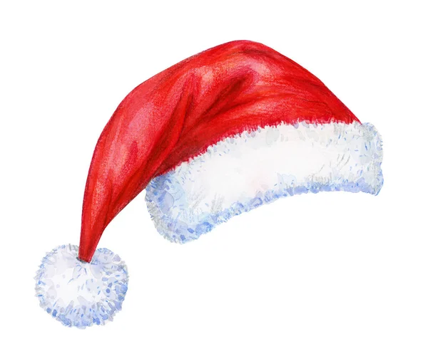 Kırmızı Noel Baba Şapkası Beyazda Izole Edilmiş Suluboya Çizimi — Stok fotoğraf