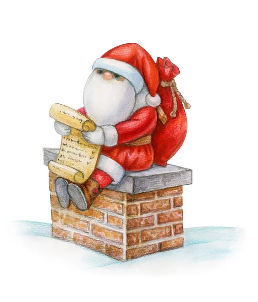 Kerstman Zit Schoorsteen Leest Brief Geïsoleerd Wit Aquarelillustratie — Stockfoto