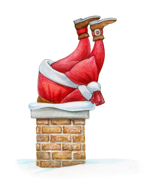 Santa Stucked Chimney Isolated White Watercolor Illustration — Zdjęcie stockowe