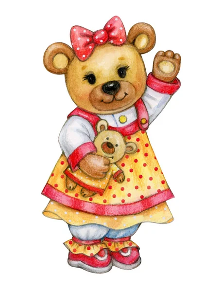 Cute Teddy Bear Isolated White Watercolor Illustration —  Fotos de Stock