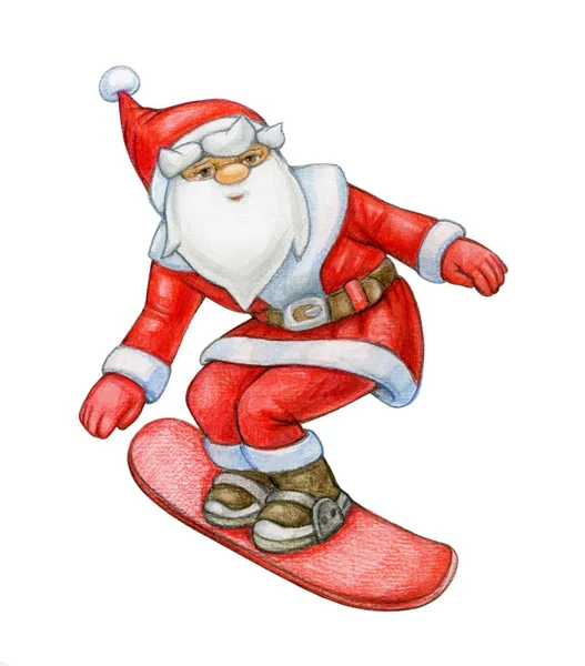 Santa Claus Cartoon Snowbord Isolated White Watercolor Illustration — Stock Photo, Image