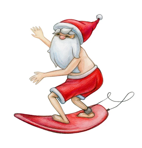 Surfing Santa Claus cartoon, isolated on white. Watercolor illustration.