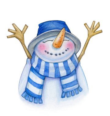 Kardan adam çizgi filmi, beyazda izole edilmiş. Suluboya çizimi.