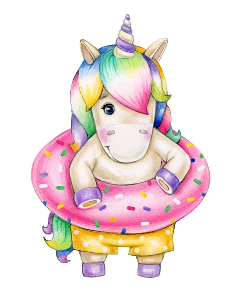 Cute Unicorn Cartoon Donut Isolated White Watercolor Illustration — Stock Photo, Image