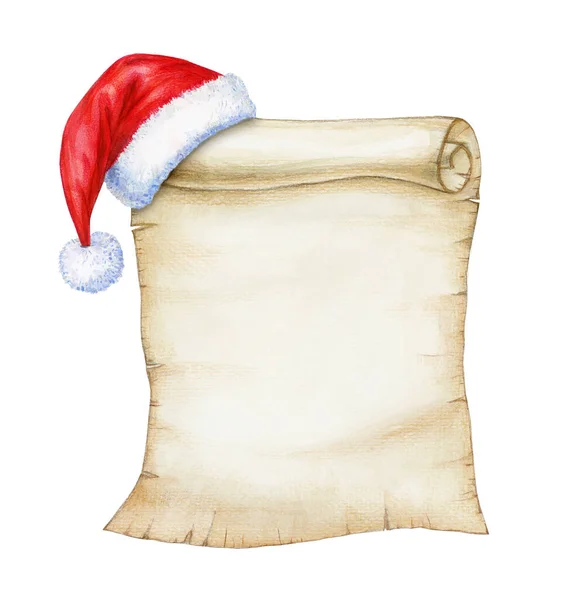 Manuscrito Papel Antigo Pergaminho Papiro Com Boné Papai Noel Isolado — Fotografia de Stock