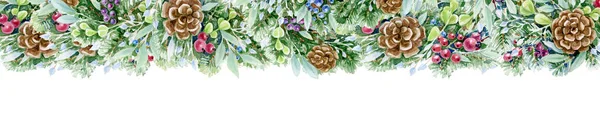 Christmas Branches Decoration Isolated White Christmas Border Watercolor Illustration — Stock Photo, Image