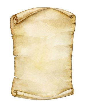 Old paper manuscript or papyrus scroll, isolated on white background. Watercolor illustration.