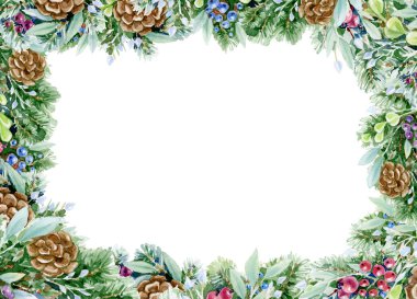 Mutlu Noeller tebrik kartı. Noel süslemeleri kış tatilleri için sınırda, beyazlar içinde izole edilmiş..  