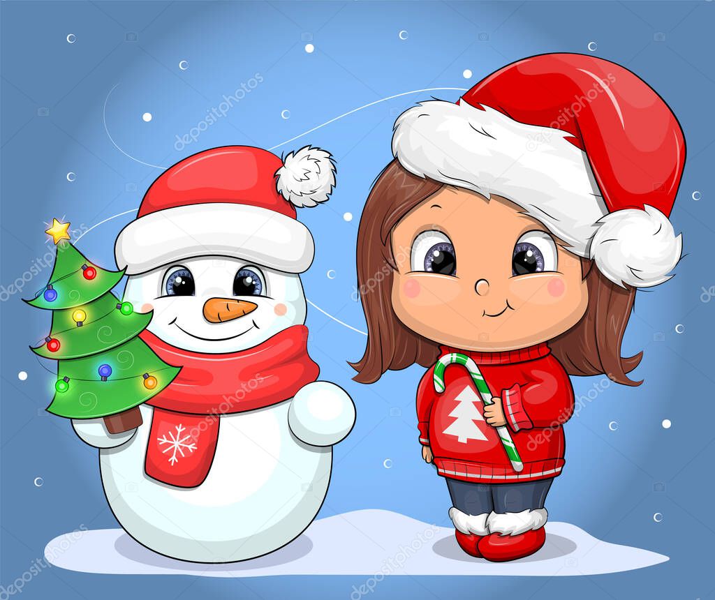 Cute cartoon girl and snowman in Santa's hats. Christmas vector illustration on a blue background.