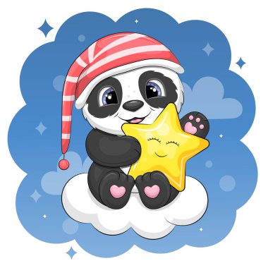 Bulutların üzerinde yıldız tutan sevimli bir panda. Mavi arka planda gece içkisi giymiş bir hayvanın gece vektör çizimi.