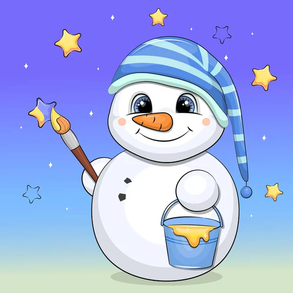 ストライプのナイトキャップを着たかわいい漫画の雪だるまが星を描きます 青い背景の夜のベクトル図 — ストックベクタ