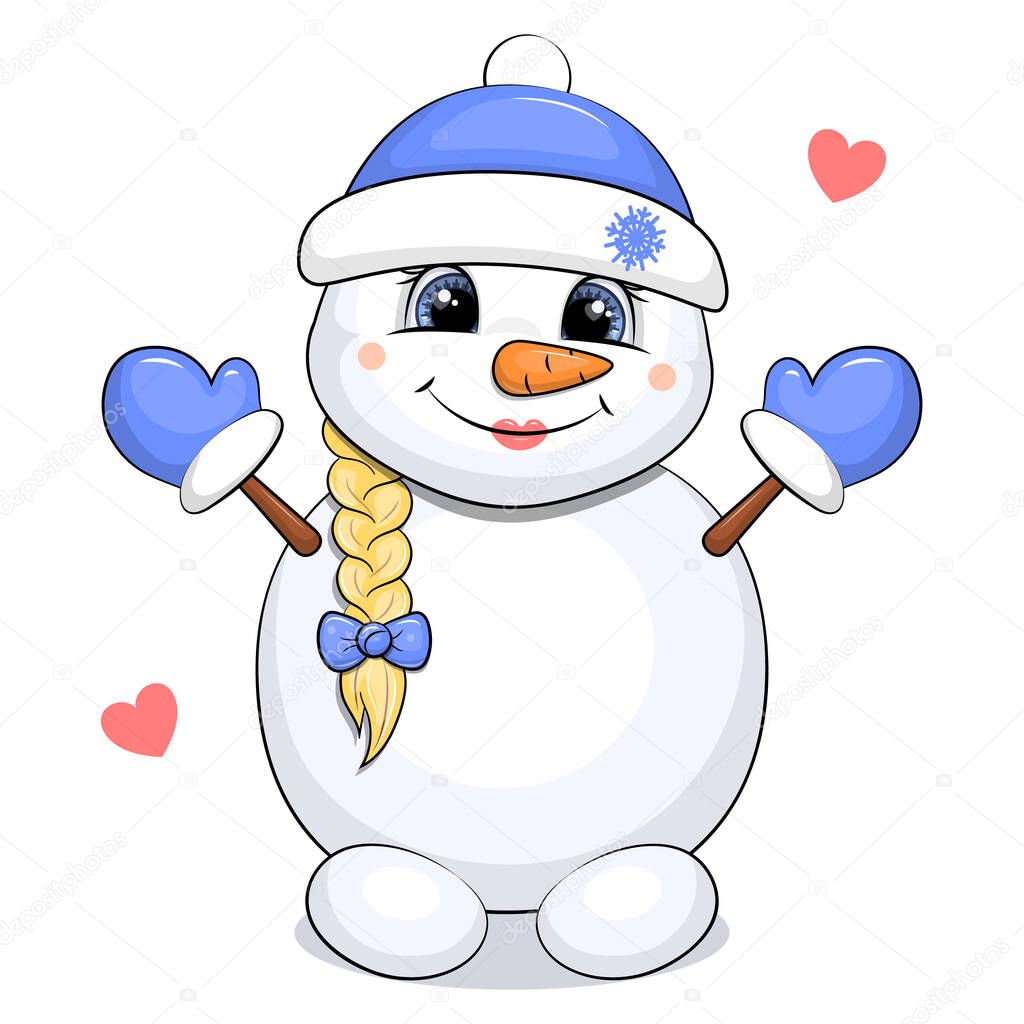 Cute cartoon snowgirl with braid, blue hat and mittens. Winter vector illustration on white background with hearts.