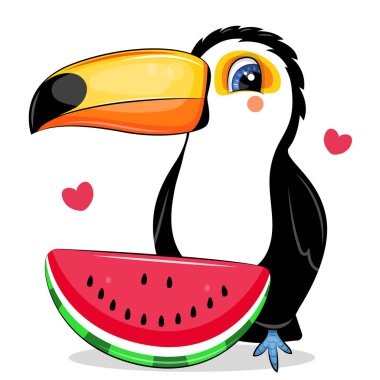 Cute cartoon toucan with watermelon. Summer vector illustration on white background with two hearts. vector