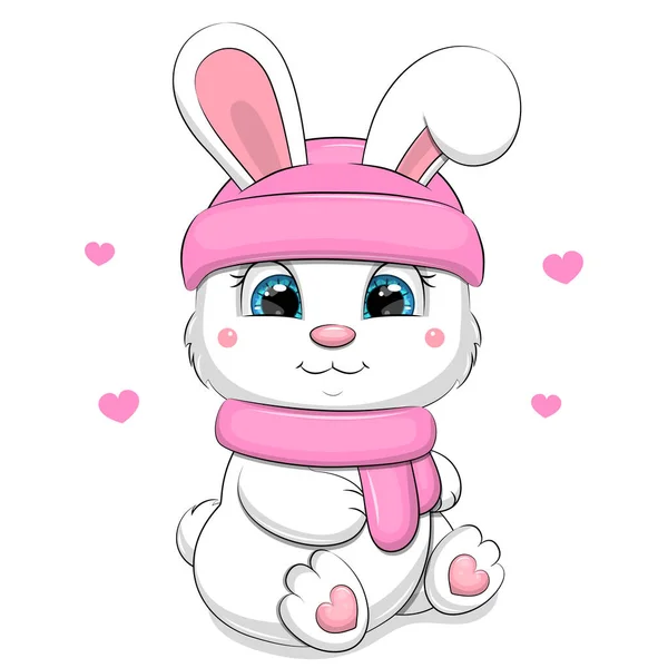Lindo Conejo Blanco Dibujos Animados Con Sombrero Rosa Bufanda Ilustración — Vector de stock