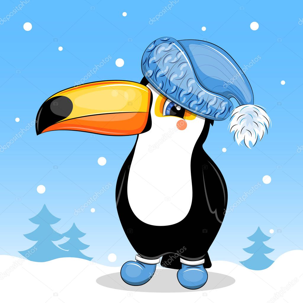 Cute cartoon toucan in a blue hat and boots. Winter bird vector illustration on blue background with snow and trees.