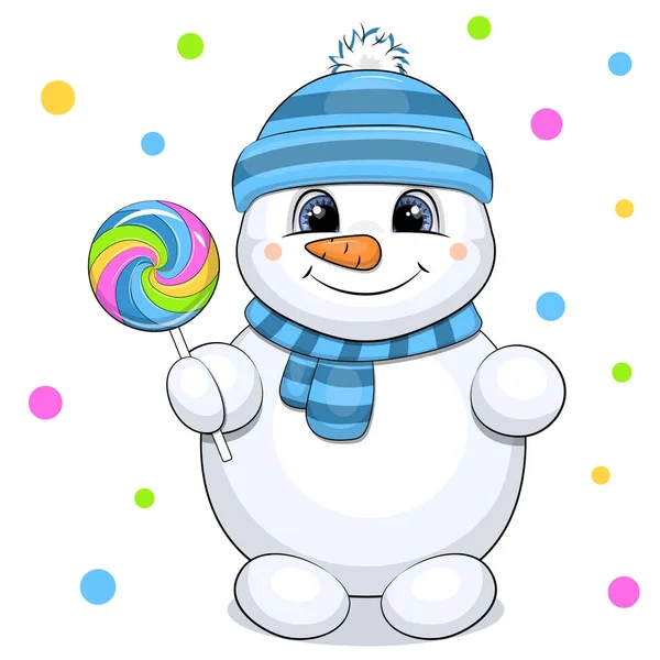 Een Leuke Cartoon Sneeuwpop Een Blauwe Hoed Sjaal Met Een — Stockvector