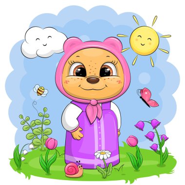 Doğada şirin bir çizgi film ayısı. Bir hayvanla vektör illüstrasyonu.