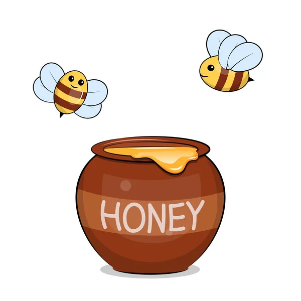 Cute Cartoon Bees Honey Vector Illustration Isolated White Background — Stock Vector