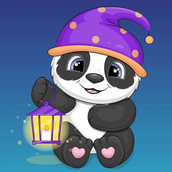 Mignon Panda Dessin Animé Bonnet Nuit Tient Lanterne Illustration Vectorielle — Image vectorielle