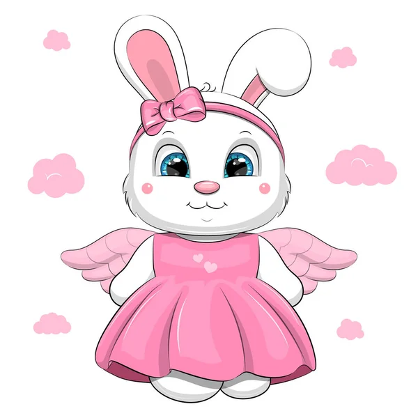Lindo Conejo Blanco Dibujos Animados Vestido Rosa Con Alas Ilustración — Vector de stock