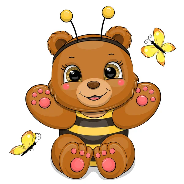 Cute Cartoon Brown Bear Bee Costume Vector Illustration Animal Butterflies — Stock Vector