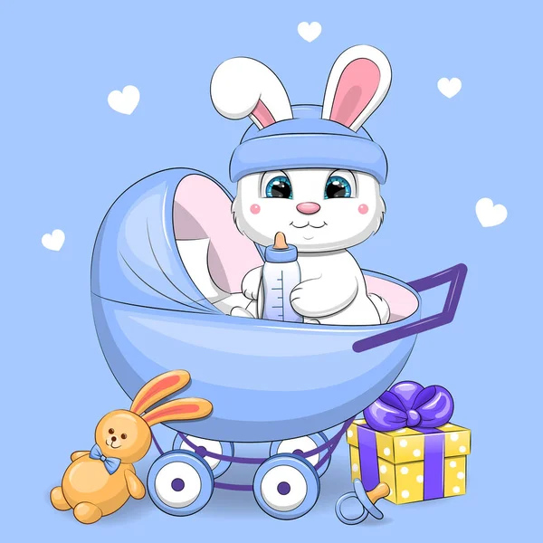 おもちゃ ギフト ミルクボトル 赤ちゃんダミー付きのプラムベビーカーでかわいい漫画の白いウサギ 青い背景に動物のベクトル図 — ストックベクタ