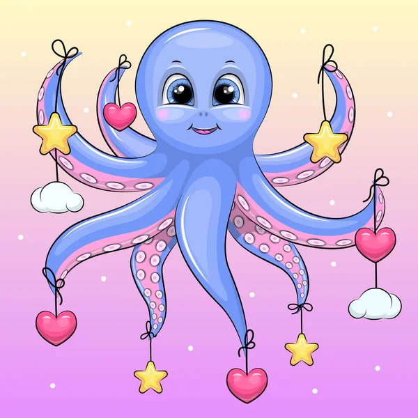 Lindo Pulpo Dibujos Animados Con Corazones Estrellas Nubes Ilustración Vectorial — Archivo Imágenes Vectoriales