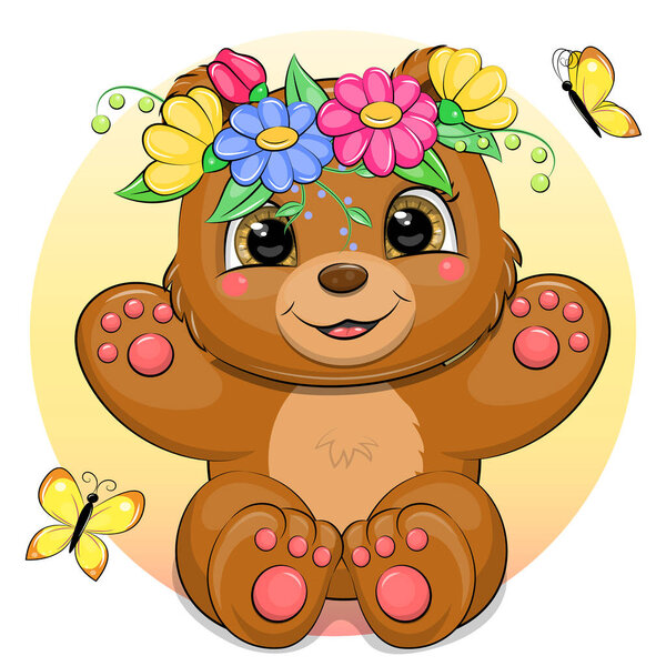 Cute cartoon brown bear with flower wreath and butterflies. Vector illustration of an animal on a yellow background.