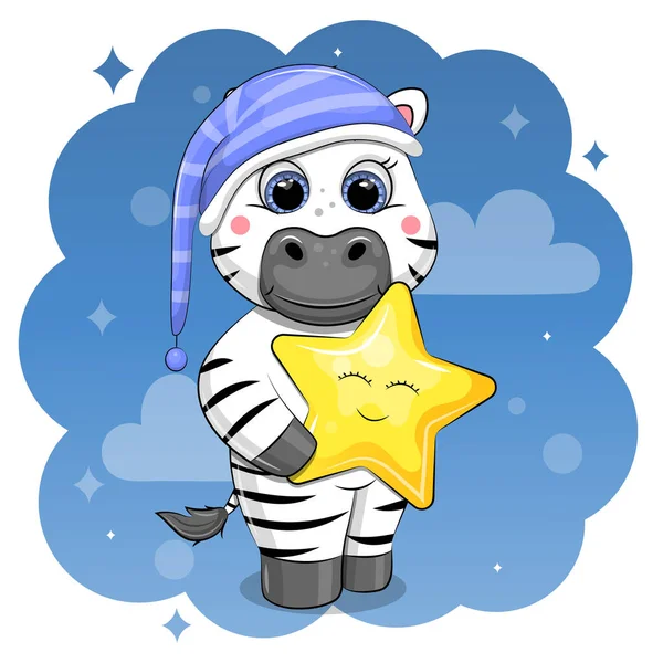Niedliche Cartoon Zebra Einer Nachthemdmütze Hält Einen Stern Vektorillustration Eines — Stockvektor