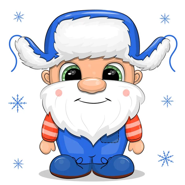 戴着冬帽的可爱的卡通侏儒 蓝色雪花背景上一个留着胡子的男人的矢量图 — 图库矢量图片