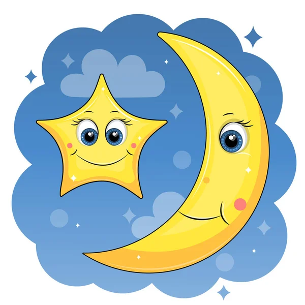 Estrela Desenho Animado Bonito Lua Com Grandes Olhos Ilustração Vetor — Vetor de Stock
