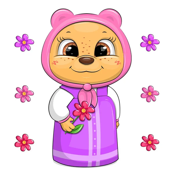 Urso Desenho Animado Bonito Vestido Lilás Lenço Cabeça Rosa Ilustração — Vetor de Stock