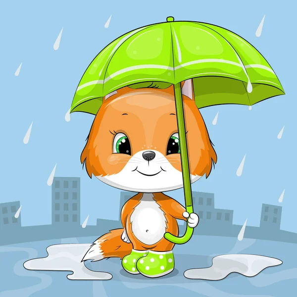 可爱的卡通狐狸与绿色伞 蓝色背景的雨天动物矢量图解 — 图库矢量图片